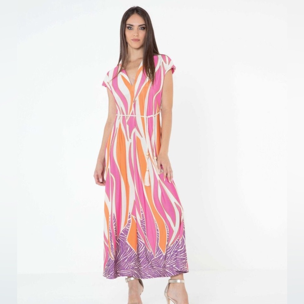 Gai Mattiolo Printed V-Neck Maxi‎ Cocktail Party Designer Dress IT 42 US 6